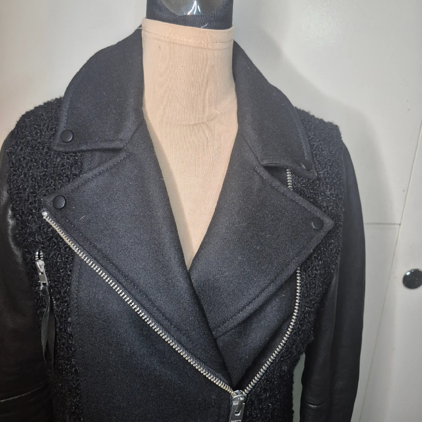 AllSaints Black Leather & Wool Blend Jacket - Size US 4 image indicator(3)