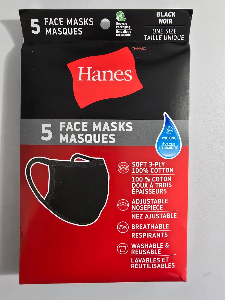Hanes Black Face Masks - 5 Pack, One Size