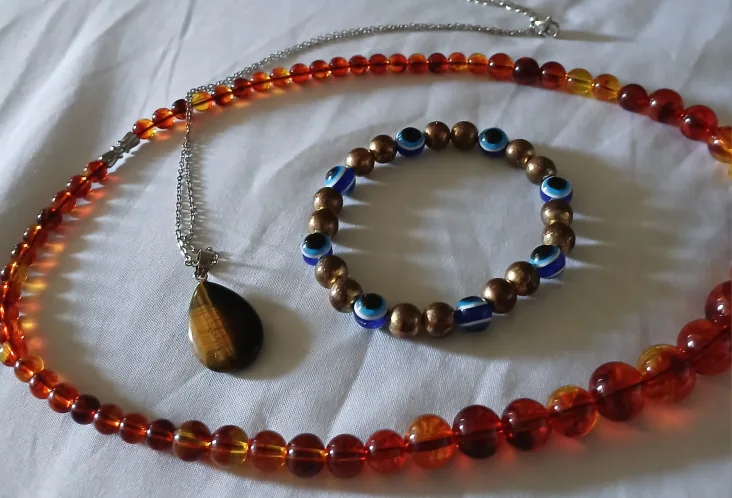 Amber Bead Necklace & Evil Eye Bracelet Set thumbnail