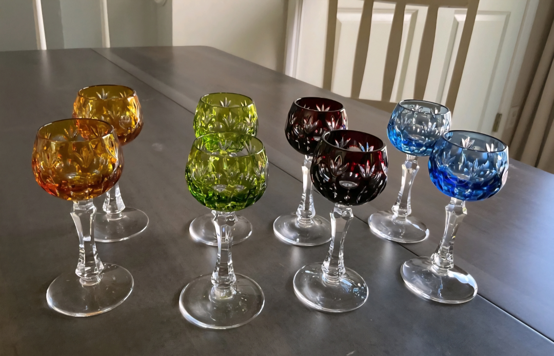 Vtg German Multi-colored set 8 , H 4" Crystal glasses