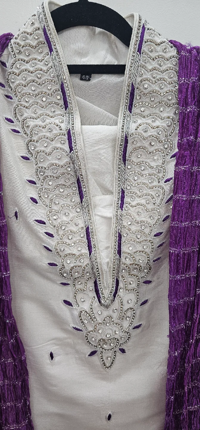 White & Purple Embellished Salwar Kameez - Size 40 🥕 image indicator(4)