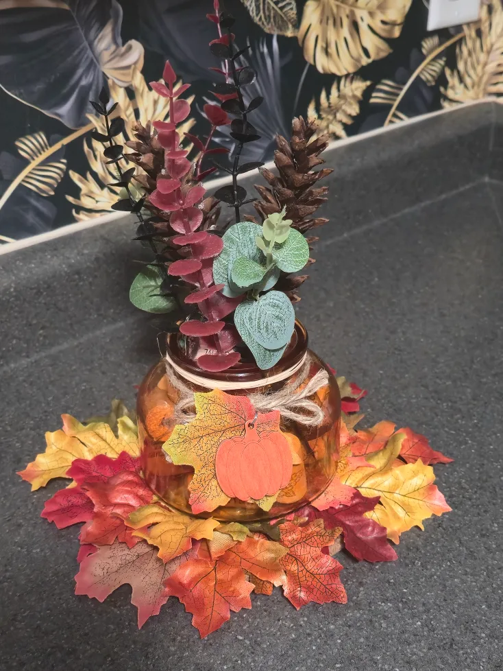 Fall Harvest Led Decor  Jar, plus decorative leaf base thumbnail