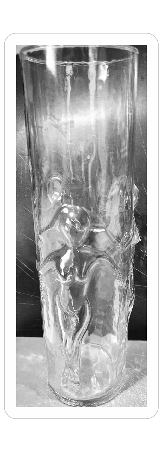 Set of Five Tall Clear Glasses with Embossed Figures xxx