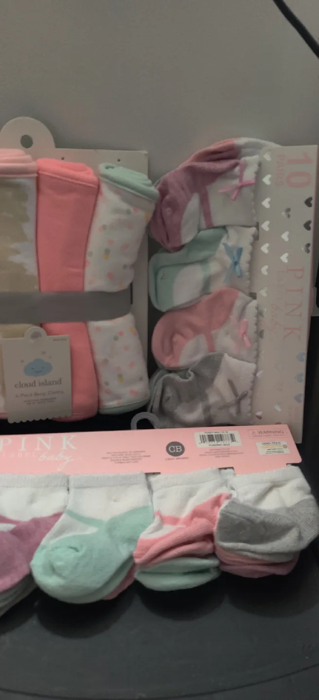 Baby bundle. 2 packs socks x10 & 1 pack large burp clothsx4 thumbnail