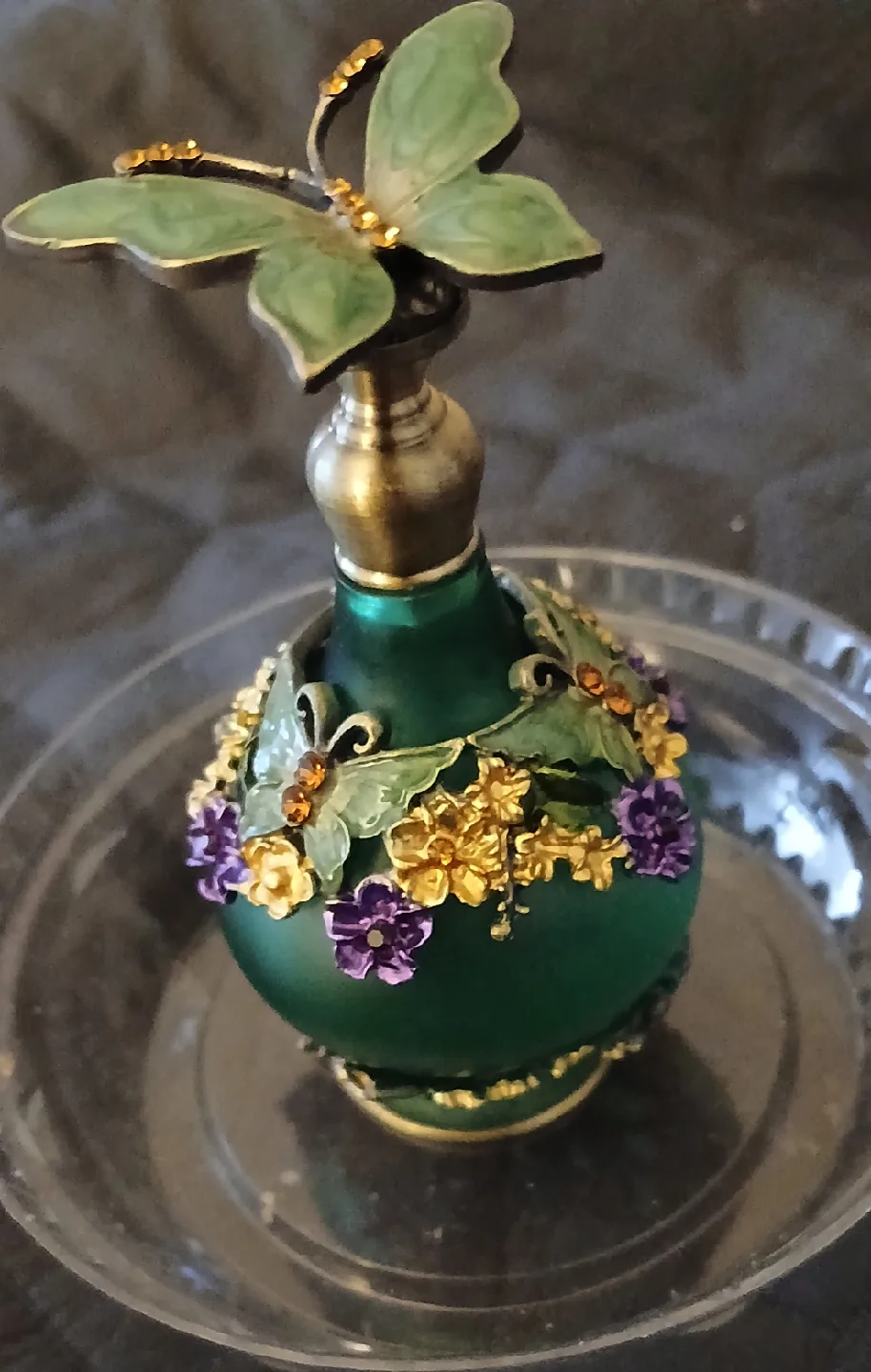 Green Floral Perfume Bottle with Butterfly Stopper thumbnail