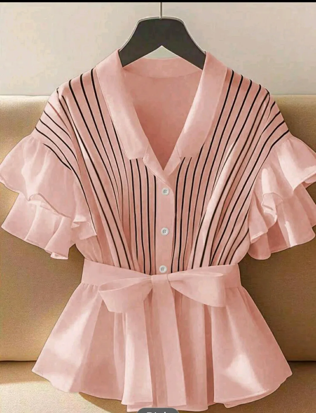 Pink Striped Ruffle Sleeve Blouse thumbnail