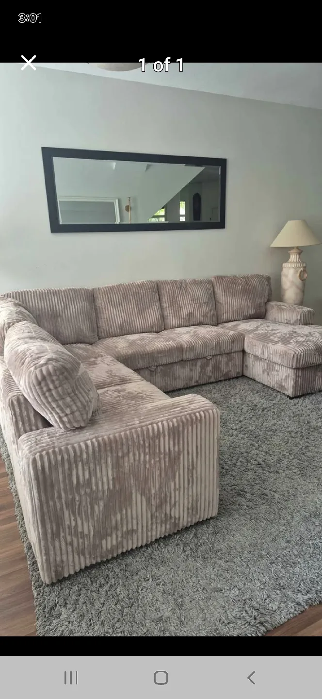 Corduroy Sectional Sofa with Ottoman - Beige thumbnail