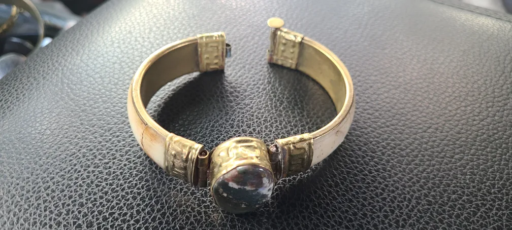 Vintage Brass & Bone Bangle Bracelet thumbnail
