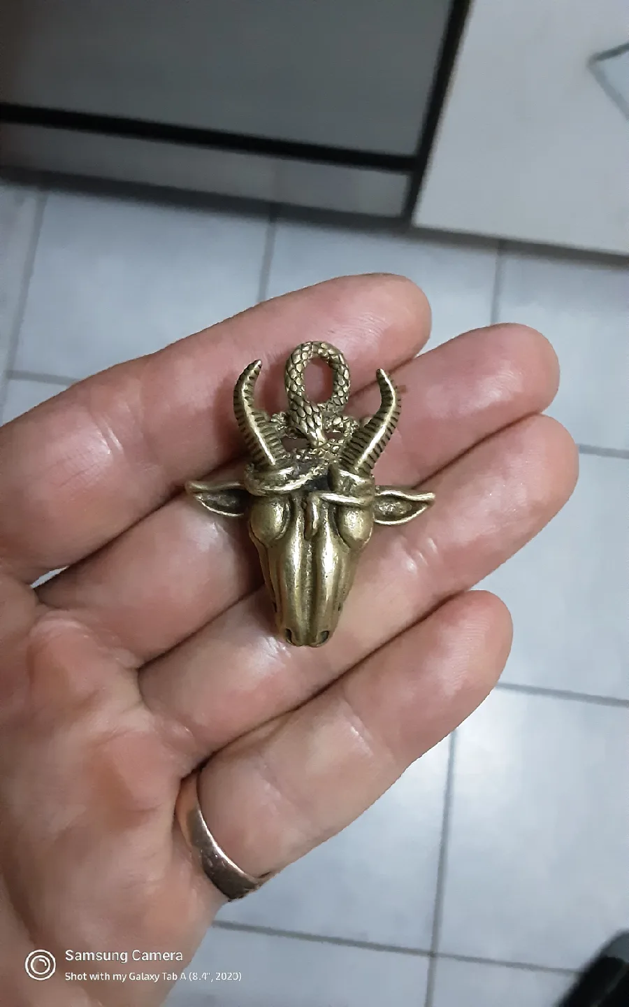 Brass Snake on Goat Skull Pendant thumbnail