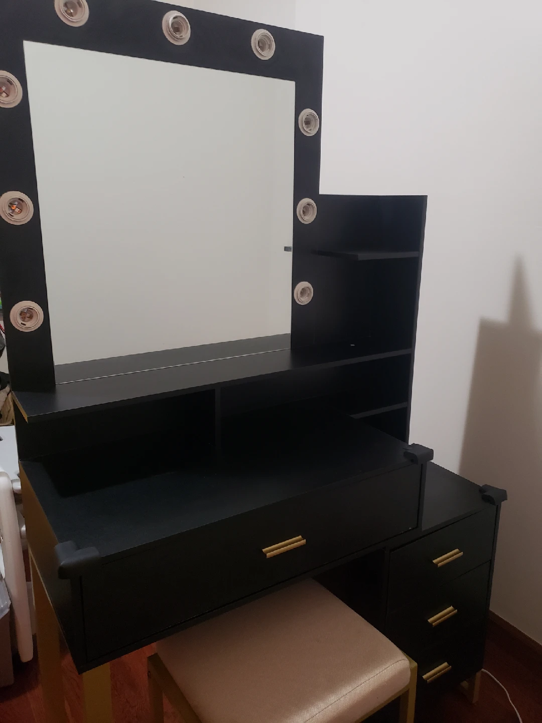 Black Vanity Makeup Table with Lighted Mirror & Stool - photo 2