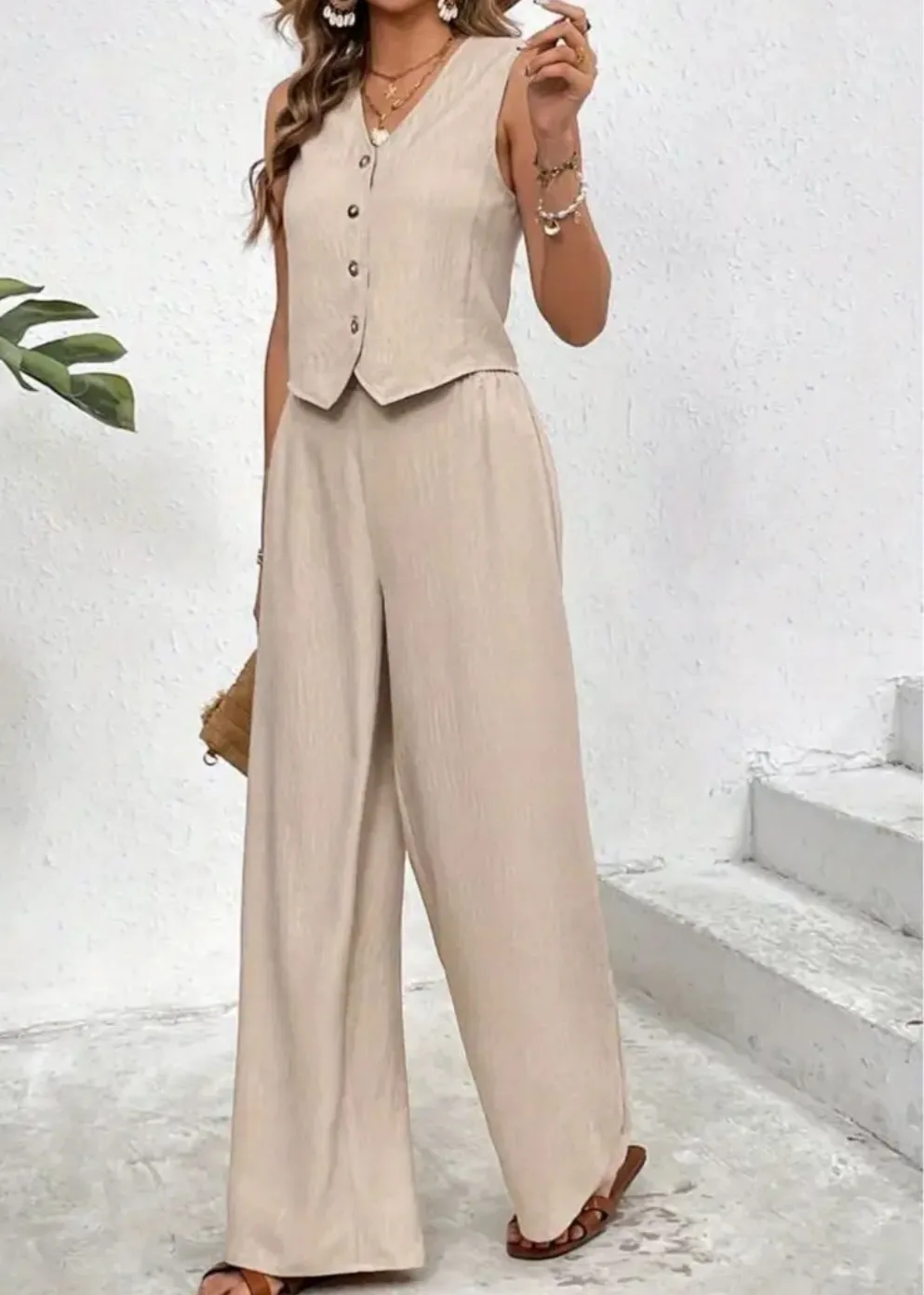 Brand New Asos Beige Vest and Wide Leg Pants Set thumbnail