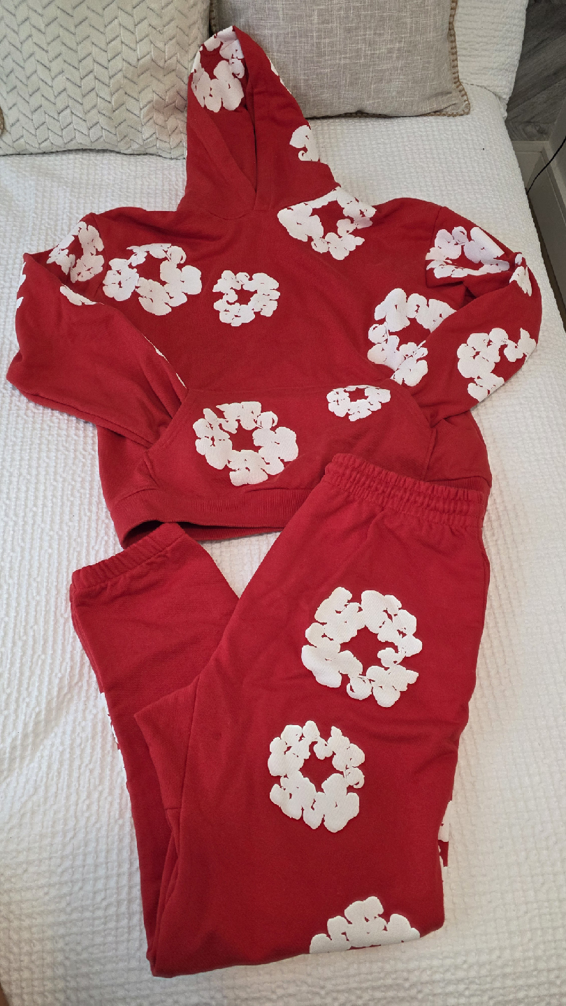 TEARS Red Hoodie & Sweatpants Set with White Floral Design