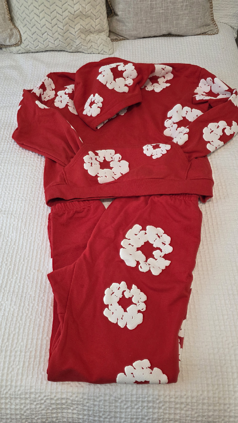 TEARS Red Hoodie & Sweatpants Set with White Floral Design - photo 3
