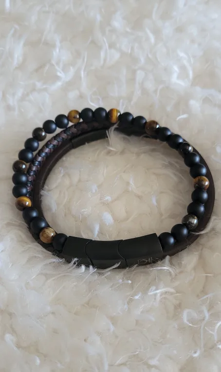 Tiger Eye Matee Black Onyx Leather Beaded Bracelet image indicator(2)