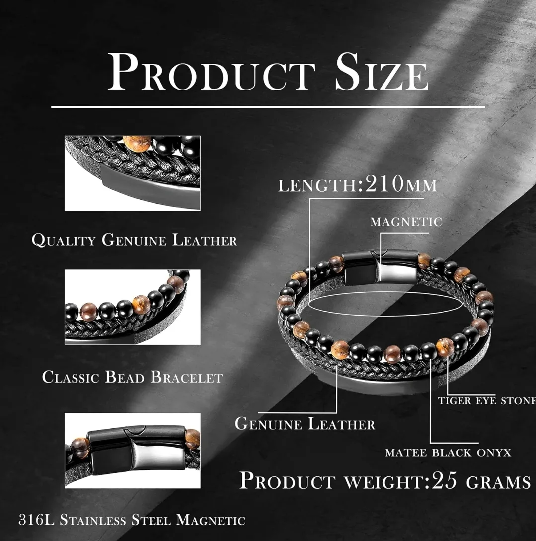 Tiger Eye Matee Black Onyx Leather Beaded Bracelet image indicator(8)