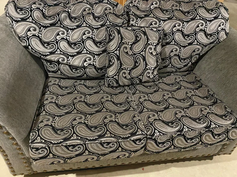 Grey Loveseat with Paisley Cushions image indicator(3)