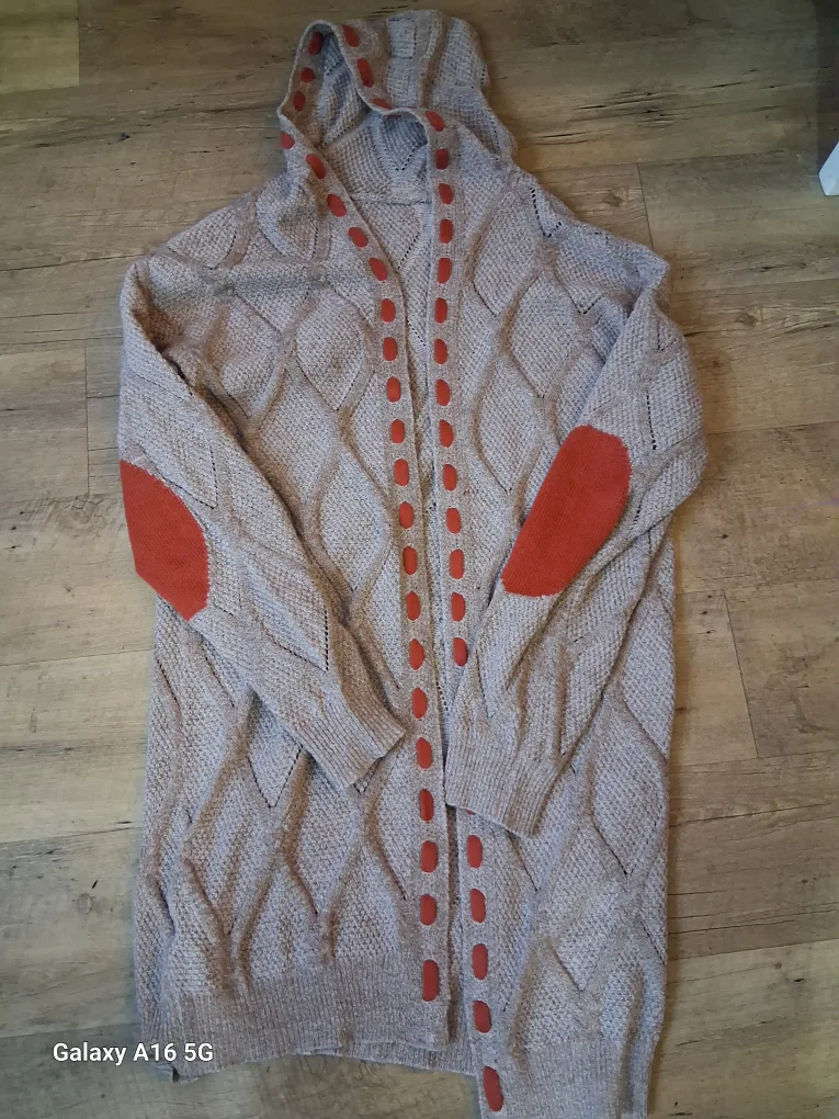 Hooded Cardigan - Beige with Orange Accents