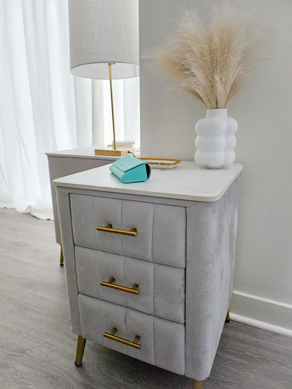 Gray Upholstered Side Tables with Gold Handles image indicator(7)