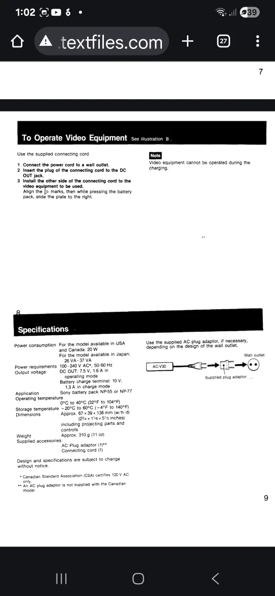 Sony Camcorder AC-V30 AC Power Adaptor/Battery Charger image indicator(10)