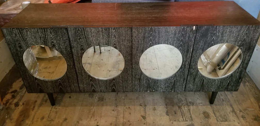 Dark Wood Cabinet with Mirrored Doors thumbnail