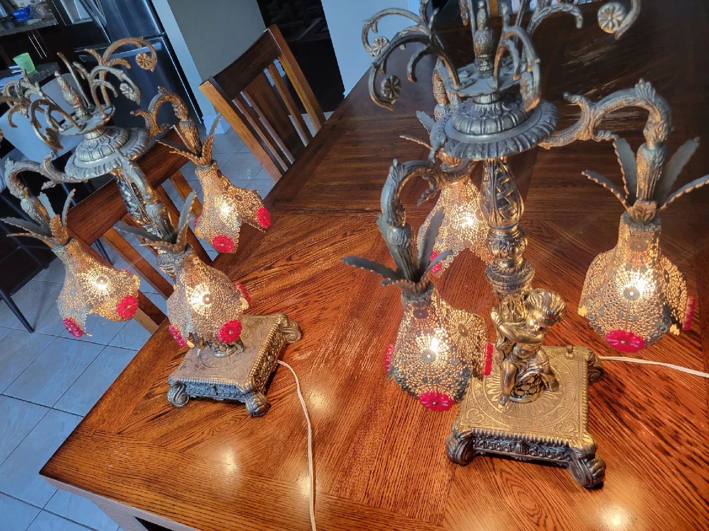 Pair of Hollywood Regency Style Brass Antique Table Lamps image indicator(5)