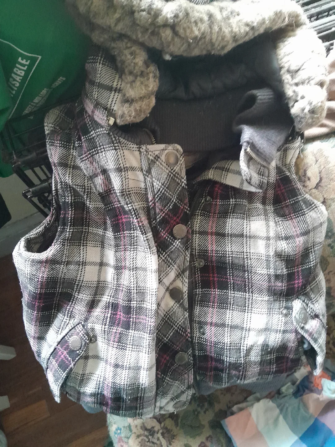 Garage Plaid Vest with Faux Fur Hood - Size M thumbnail
