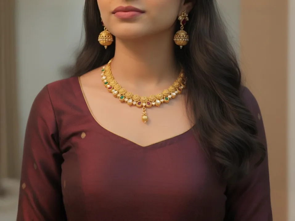 ✨ Traditional Temple Gold-Plated Necklace with Jhumka Earrings ✨