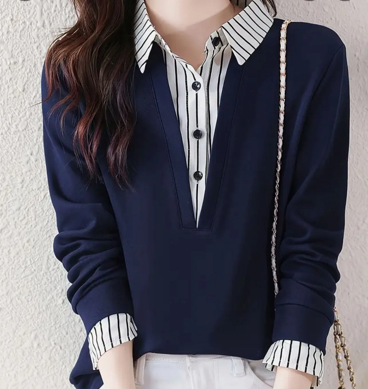 Navy Blue Striped Collar Blouse