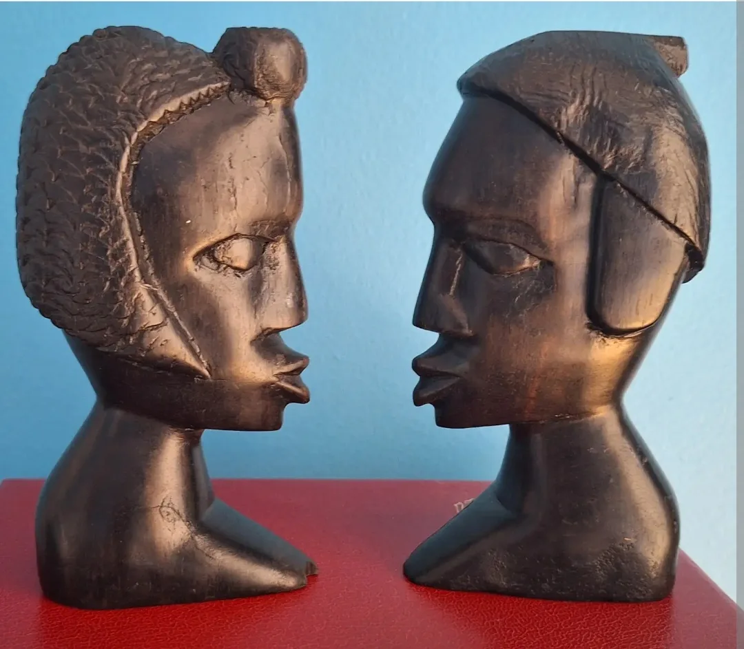 Pair of vintage   hand carved ebony wood tribal busts, heads image indicator(2)