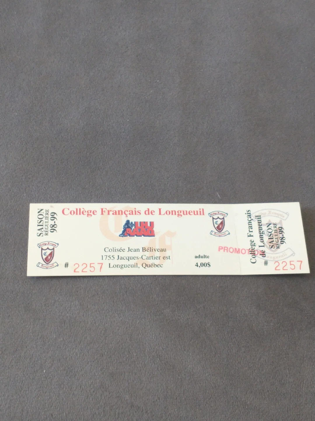 1998-1999 College Francais de Longueuil unused game ticket thumbnail