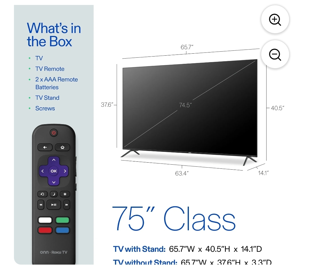 onn 75” Class 4K UHD (2160P) LED Roku Smart Television - photo 3