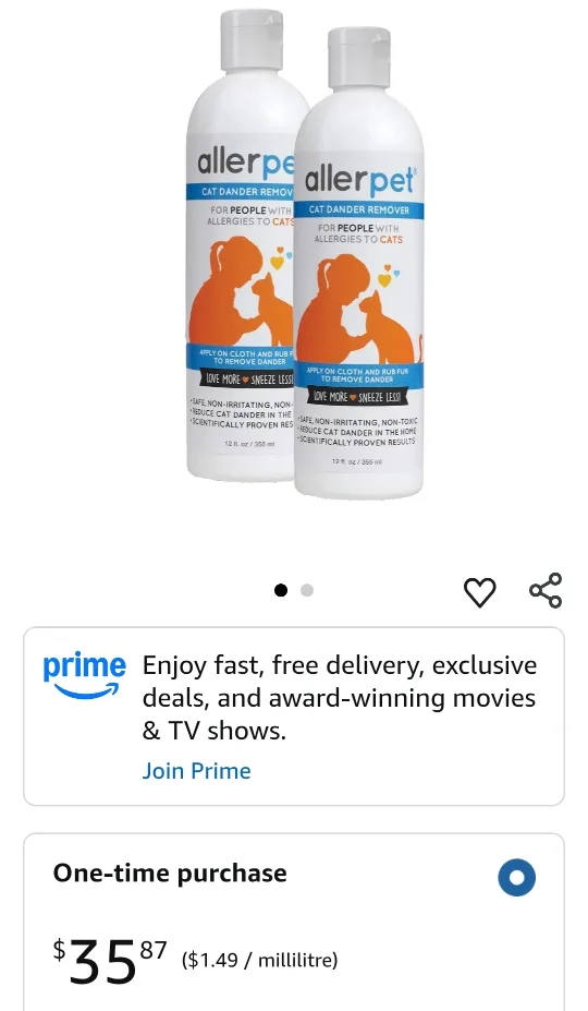 2 Bottles( 1 full , 1 almost full) Allerpet Cat Dander Remover image indicator(2)