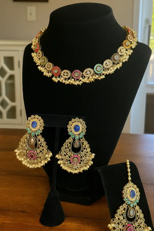 Multicolor Kundan Choker Set – Necklace, Earrings & Maang Tikka