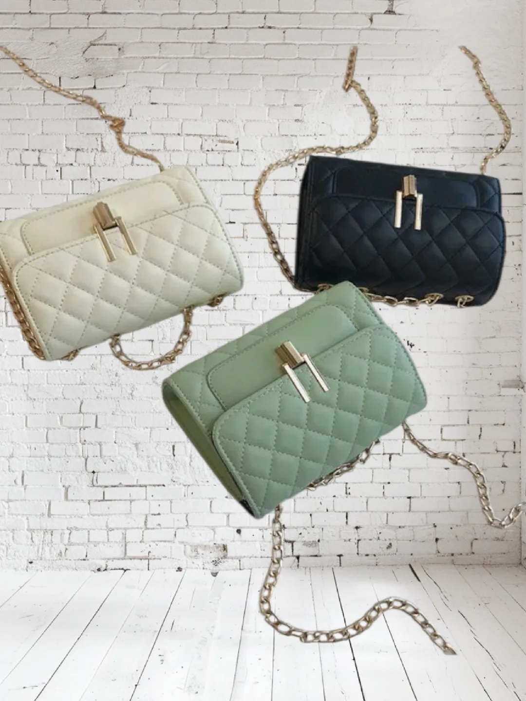 Quilted Chain Bag - Black, Green, Ivory