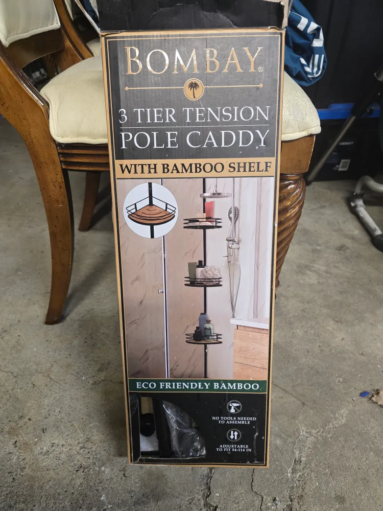 Bombay 3 Tier Tension Pole Caddy w/ Bamboo Shelf - New image indicator(2)