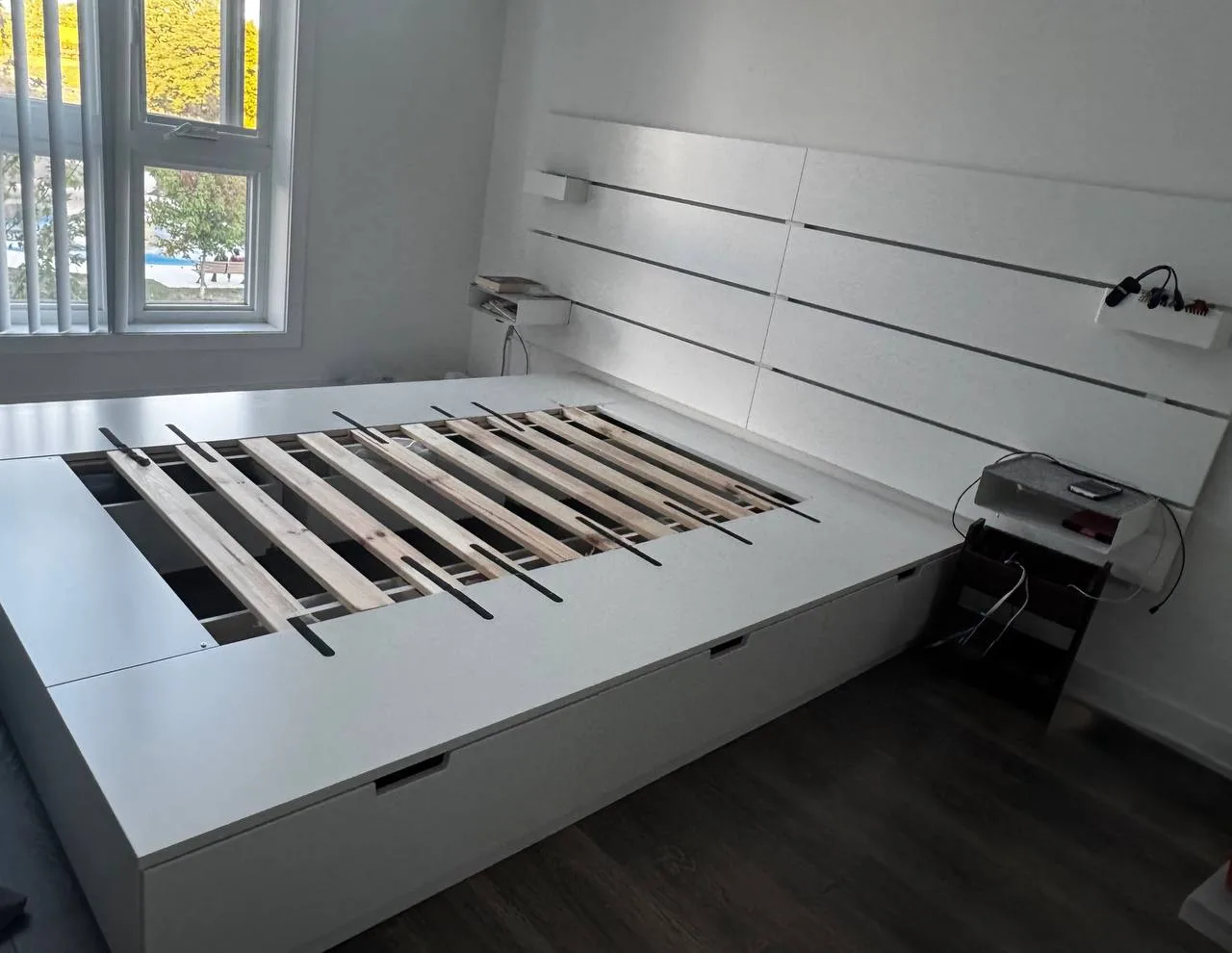 IKEA NORDLI Bed Frame w Storage and Headboard, White, Queen thumbnail