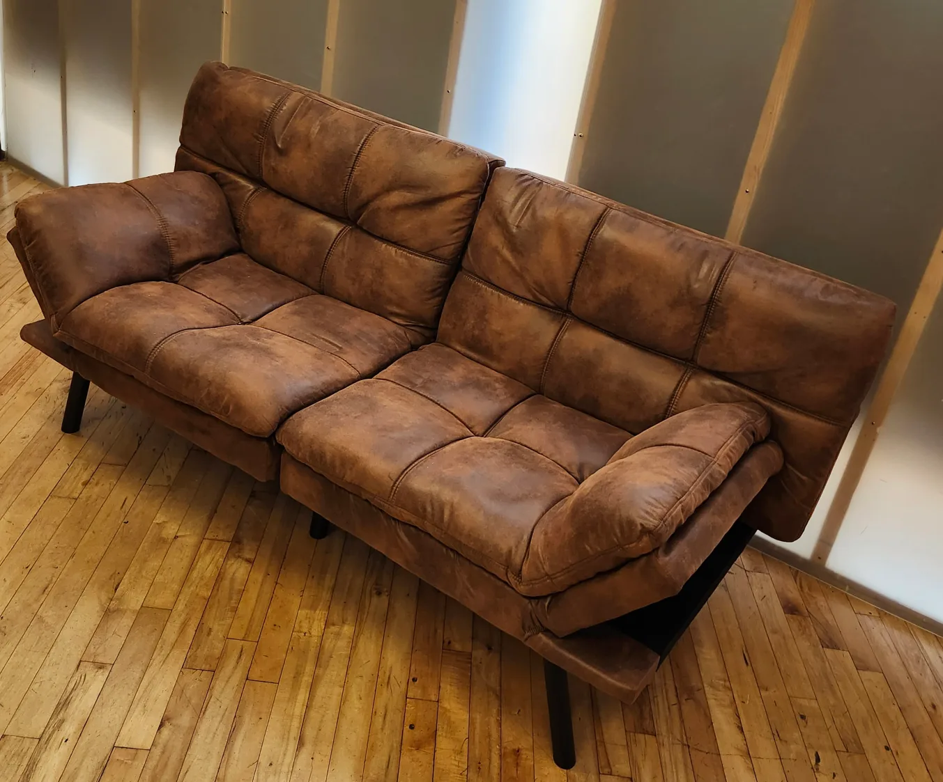 MLILY Brown Faux Leather Convertible Futon Sofa Bed thumbnail