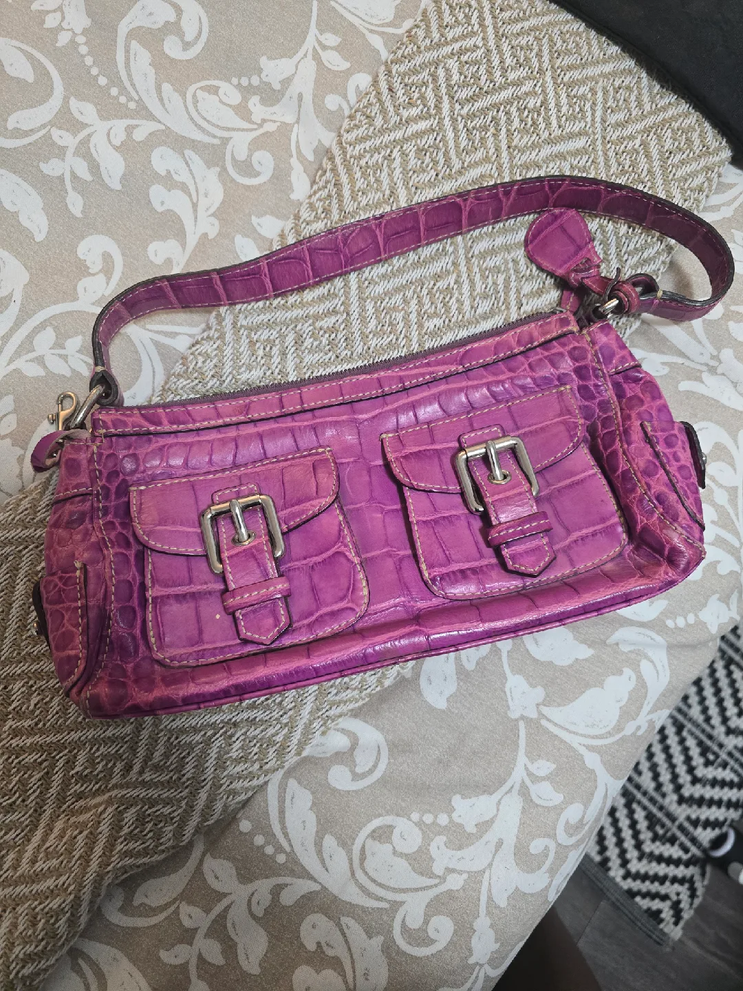 Croc Embossed Purple Leather Satchel Shoulder Bag image indicator(4)