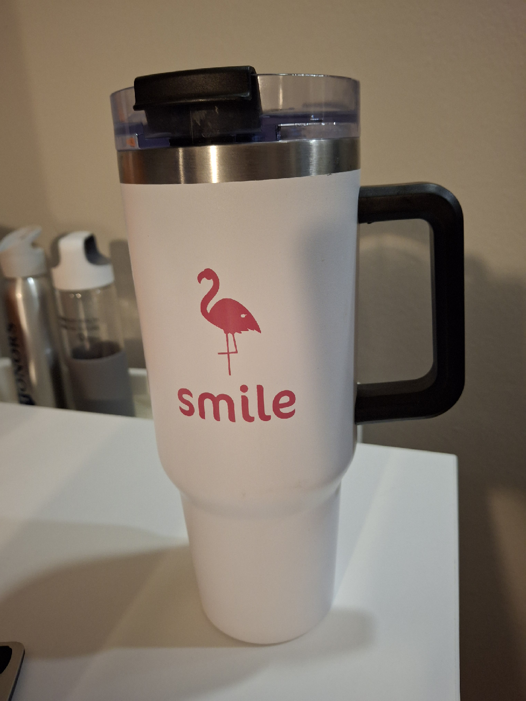 White Travel Mug with Flamingo and 'smile'