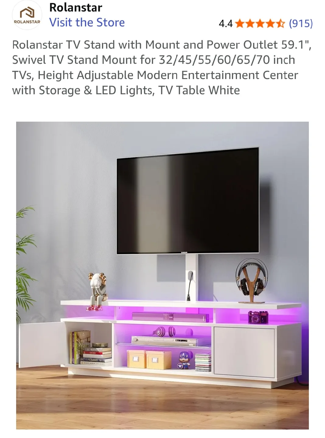 Rolanstar TV Stand w/ Mount & Power Outlet - White image indicator(2)