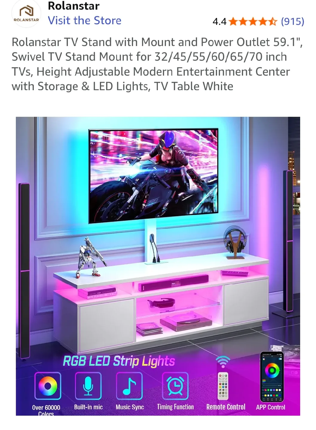 Rolanstar TV Stand w/ Mount & Power Outlet - White image indicator(3)