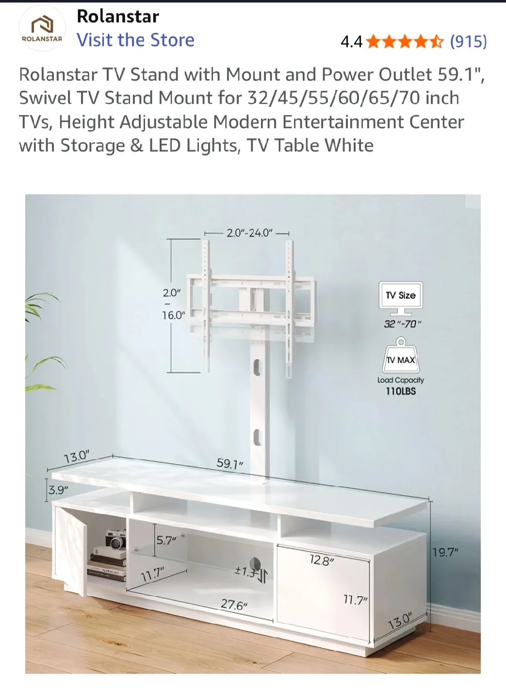 Rolanstar TV Stand w/ Mount & Power Outlet - White image indicator(4)