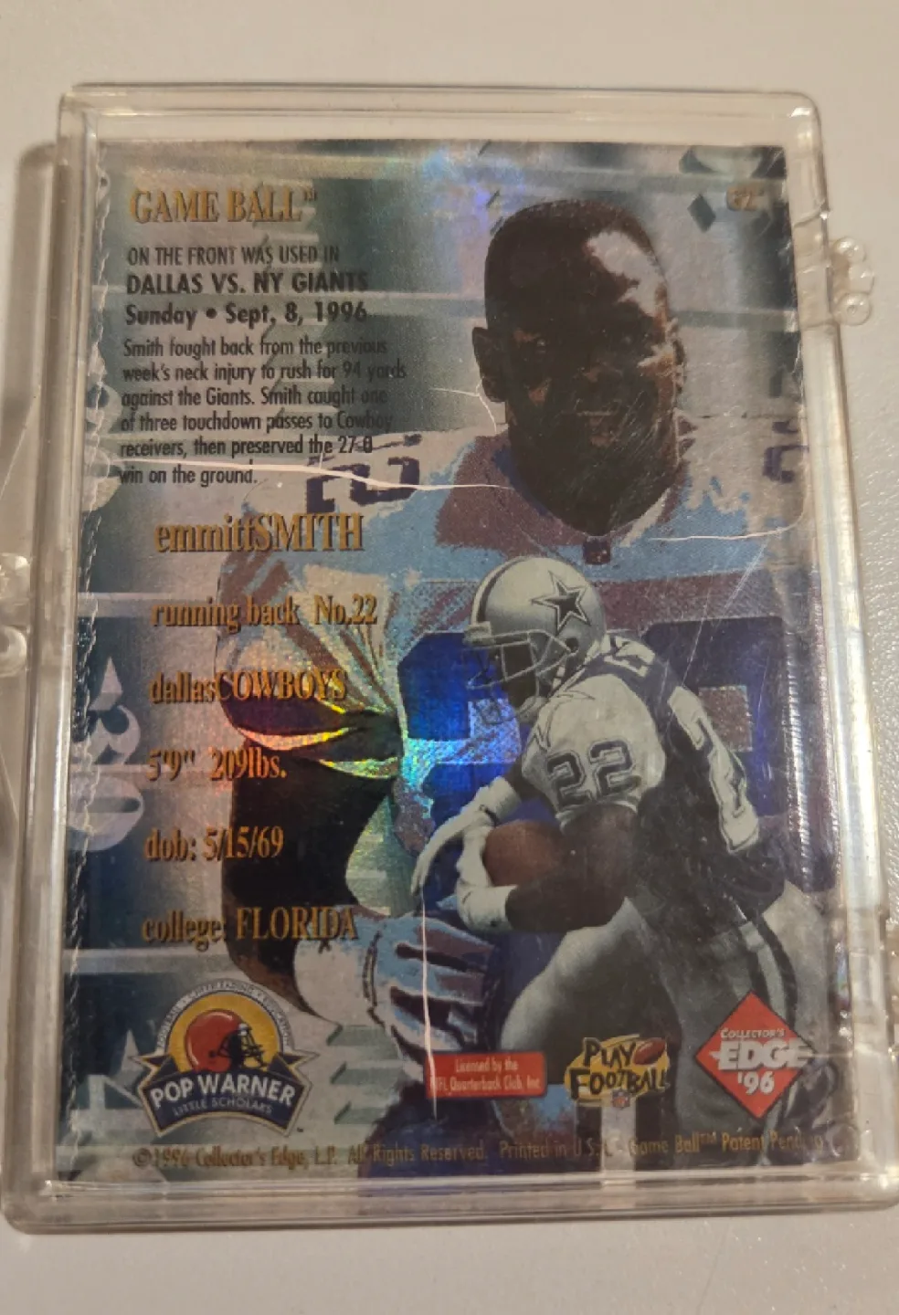 EMMITT SMITH AUTHENTIC NFL GAME BALL CARD image indicator(2)