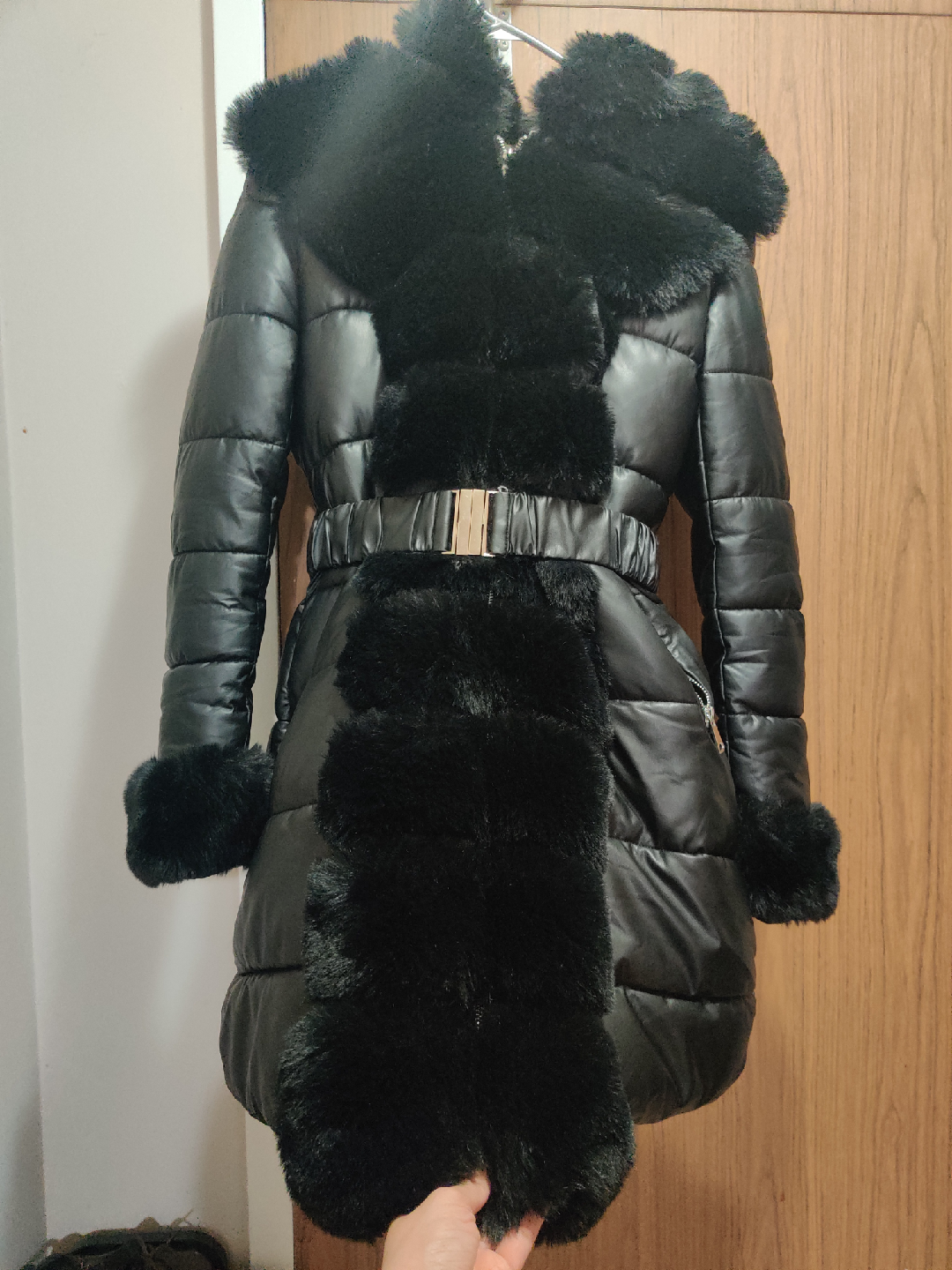Black Puffer Coat with Faux Fur Trim