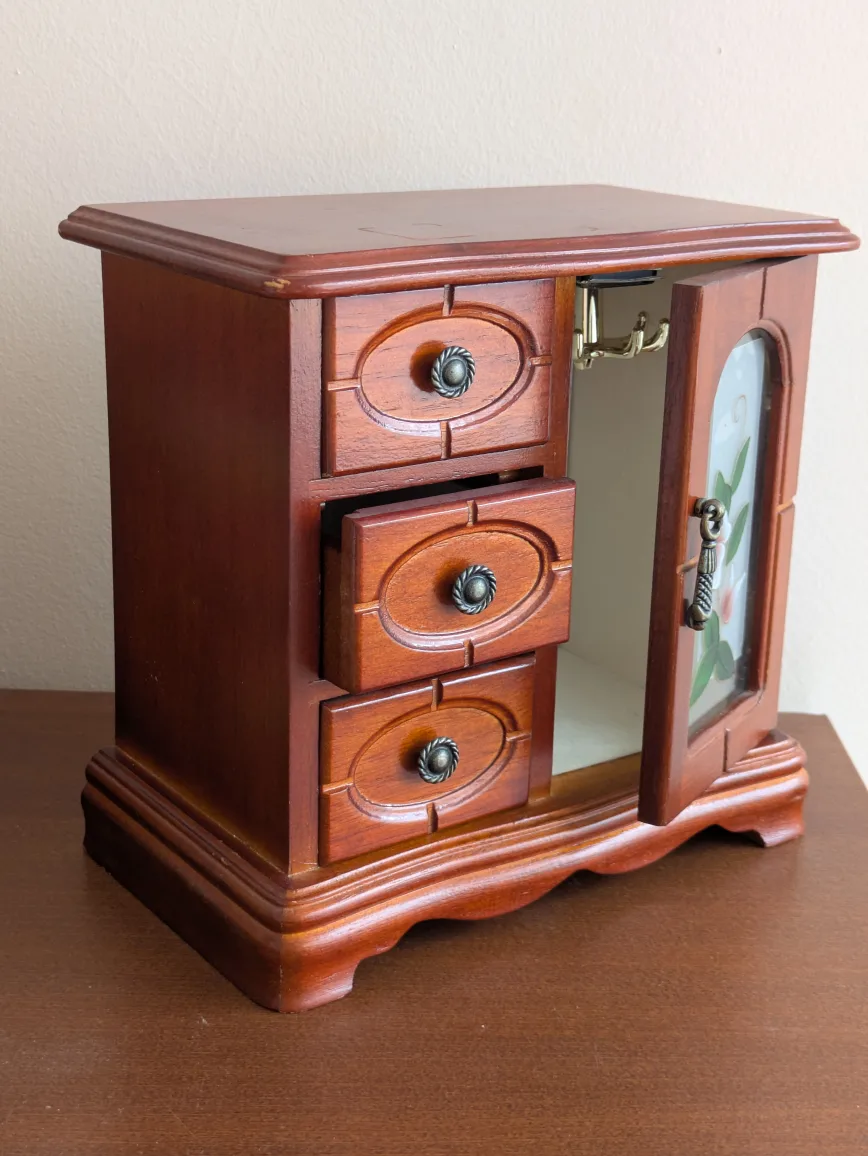 Wooden Jewelry Box with Drawers and Floral Glass Door✨ image indicator(3)