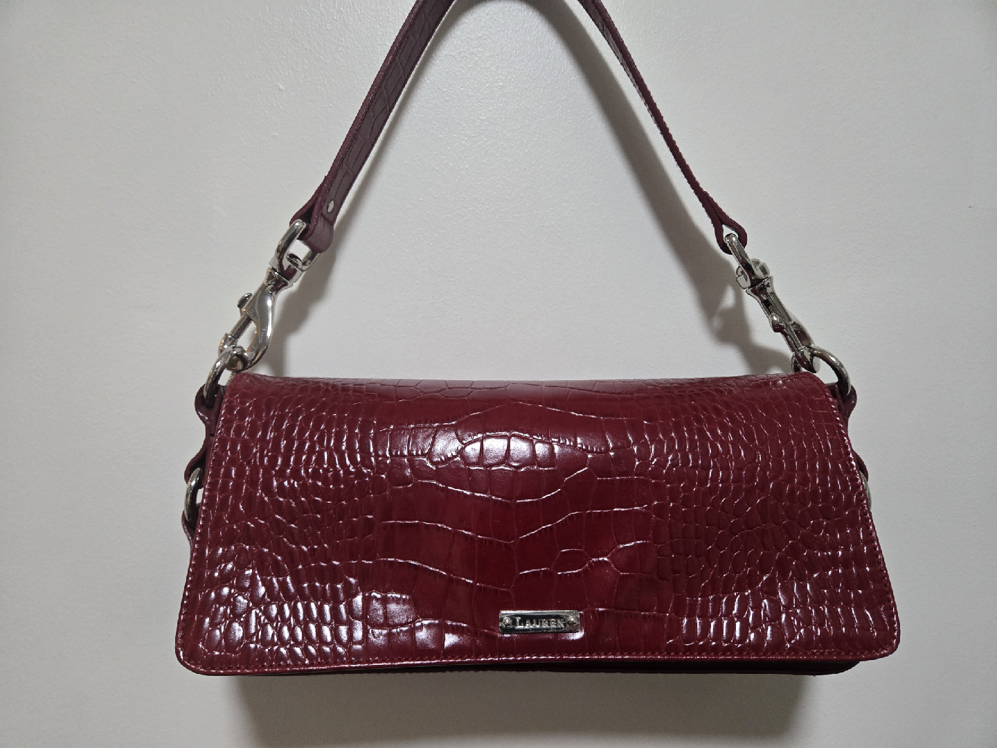 Ralph Lauren Burgundy Croc Embossed Shoulder Bag