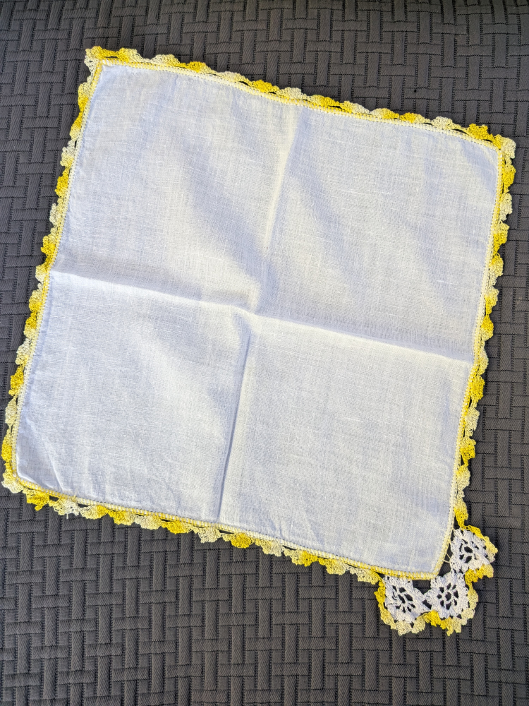 Vintage White Handkerchief with Yellow Crochet Border