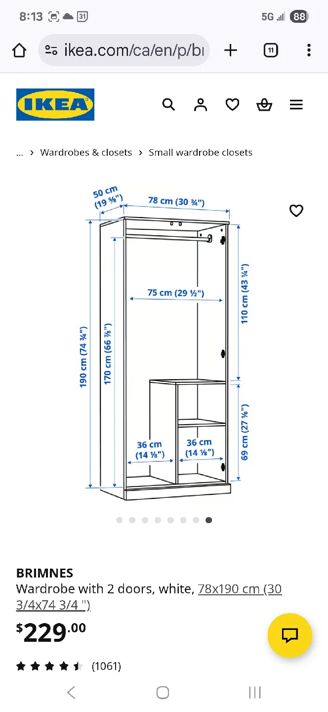 IKEA Brimnes Wardrobe with 2 Doors - White image indicator(3)