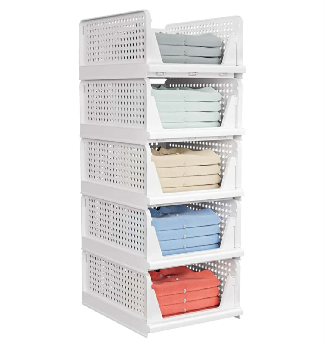White Stackable Storage Baskets - 5 Tier