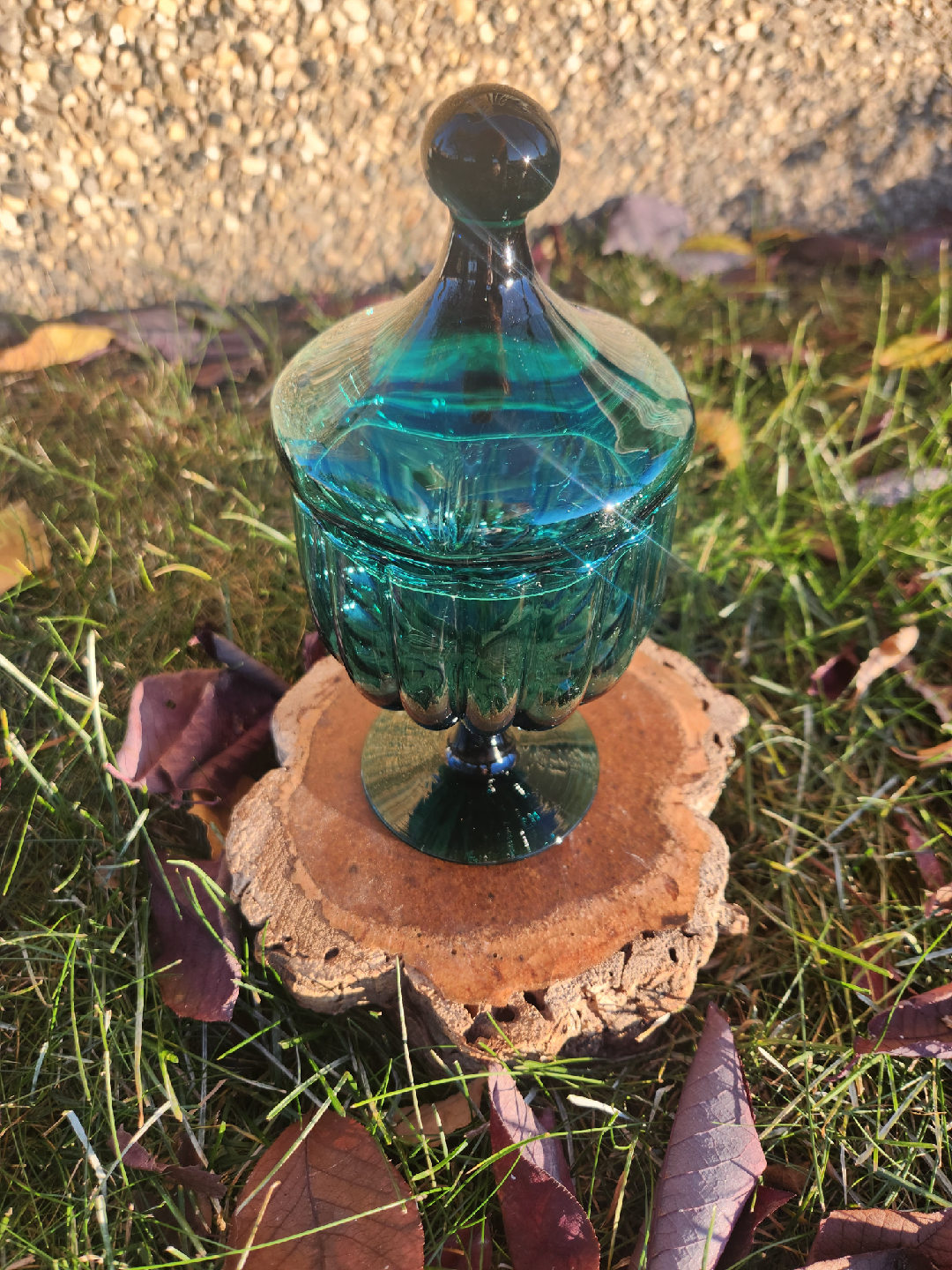 MID CENTURY TEAL Glass Candy Dish with Lid